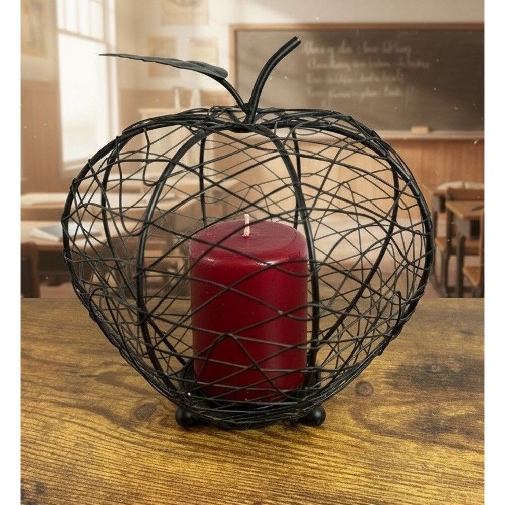 Vintage Black Wire Apple Candle Holder Teacher Fall Gift Farmhouse Decor 7 inch